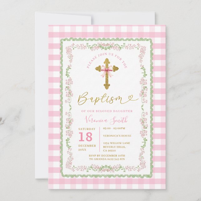 Invitation Bow Coquette Baptism Cross Grandmillenial Floral (Devant)