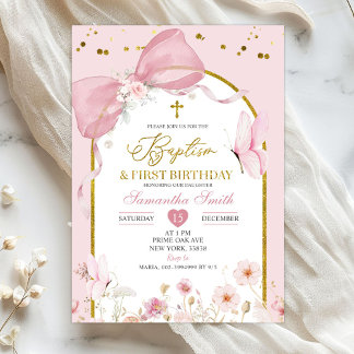 Invitation Bow Coquette Blush Pink Baptism & 1st Birthday