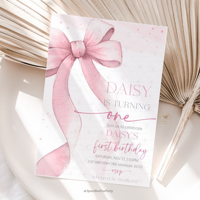 Invitation Bow Coquette Pink 1st Birthday  (Bow Coquette Birthday Invitation )