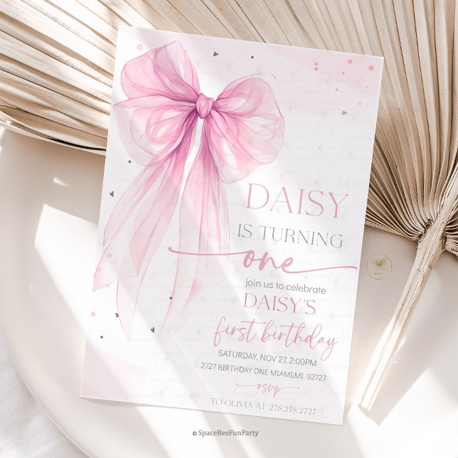 Invitation Bow Coquette Pink 1st Birthday  (Bow Coquette Birthday,Elegant coquette,ribbon pamper party,Bow Any Age Party, Party decoration bow,)