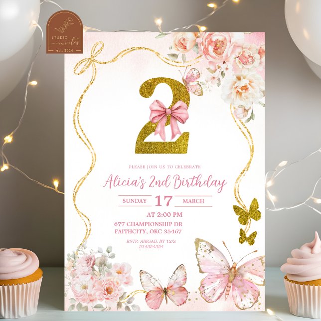 Invitation Bow Coquette Pink Butterfly Second Birthday (Créateur téléchargé)
