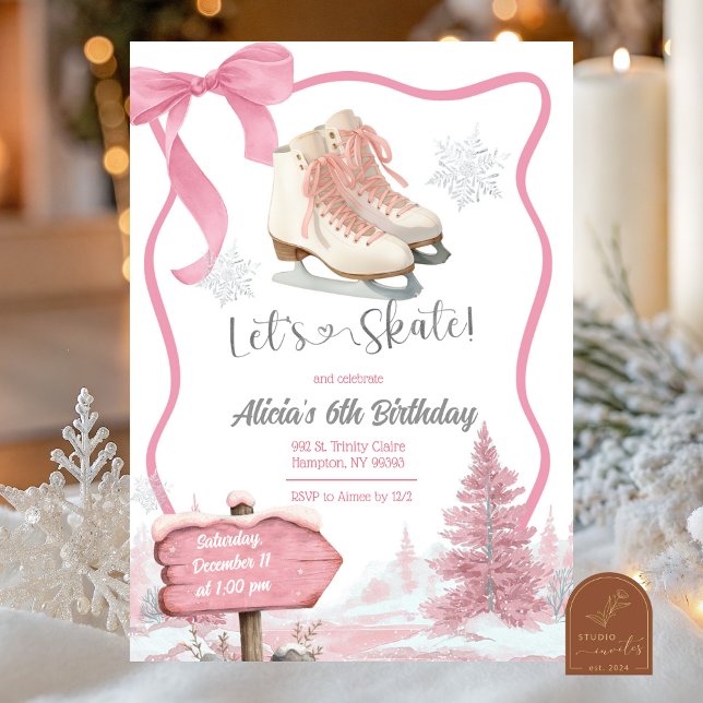 Invitation Bow Coquette Pink Girl Let's Skate Birthday (Créateur téléchargé)