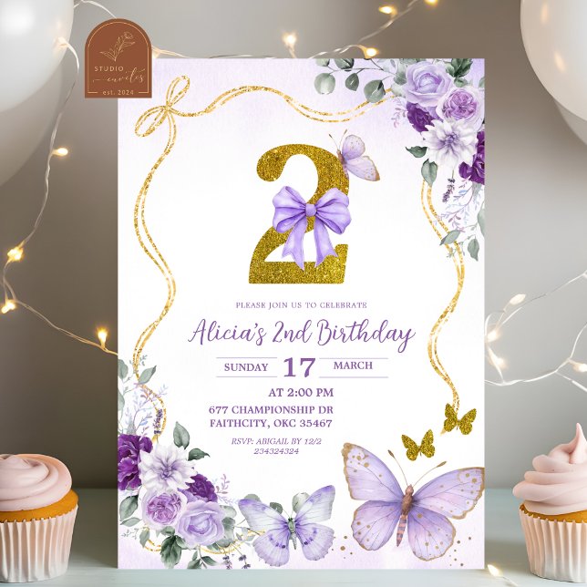 Invitation Bow Coquette Purple Butterfly Second Birthday (Créateur téléchargé)