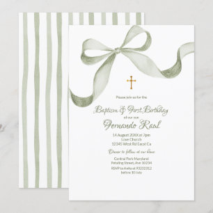 Invitation Bow Coquette Sage Green Baptême Élégant