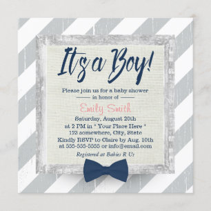 Invitation Bow Cravate bleu marine Baby shower Gris Gris  #2