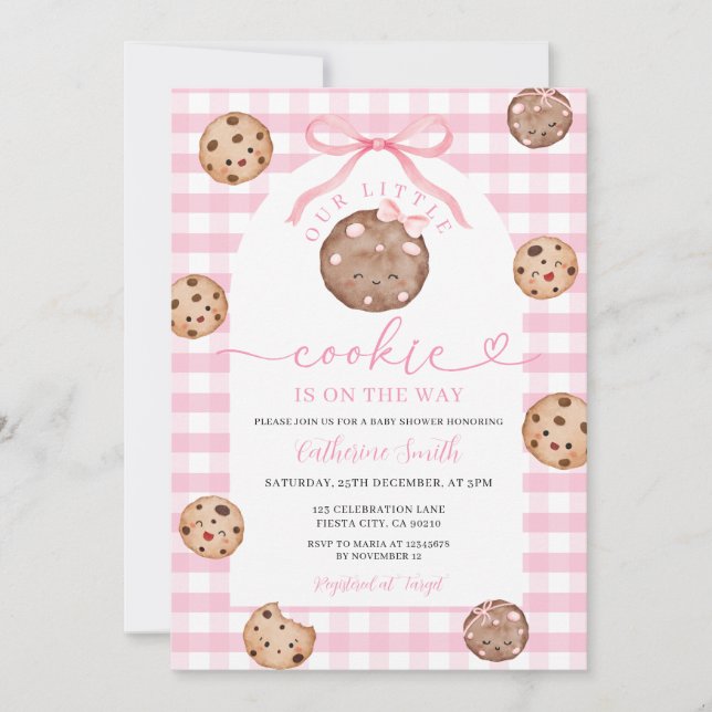 Invitation Bow CuOur Little Cookie Baby shower rose En vichy (Devant)
