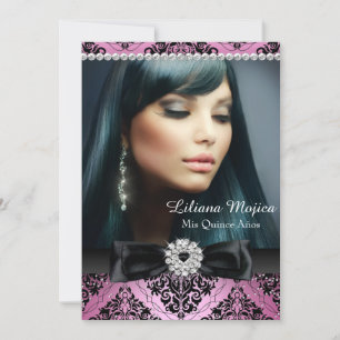 Invitation Bow & Damask Quinceanera rose noir diamant