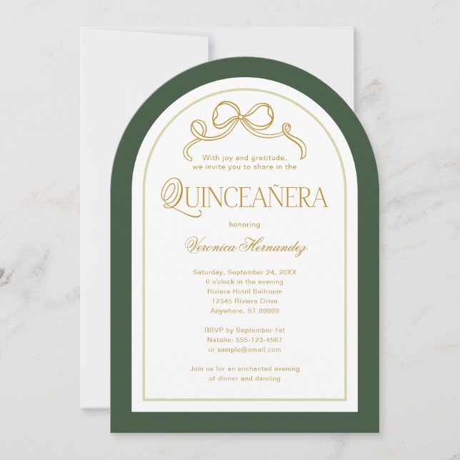 Invitation Bow en or vert de forêt 15e Quinceanera Anniversai (Devant)