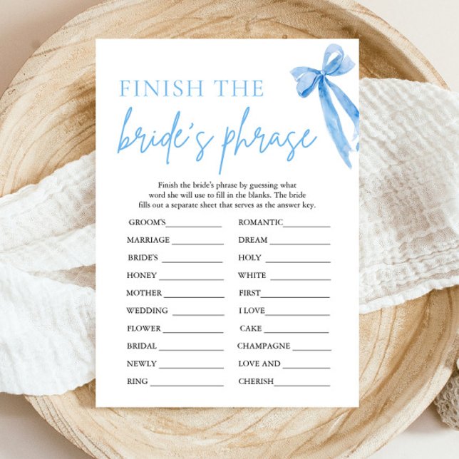 Invitation Bow finit le jeu de Fête des mariées Phrase de la  (Modern Watercolor Dusty Blue Bow Finish the Bride's Phrase Bridal Shower Game)