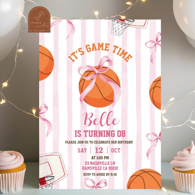 Invitation Bow Girl Basketball Birthday Game time (Créateur téléchargé)