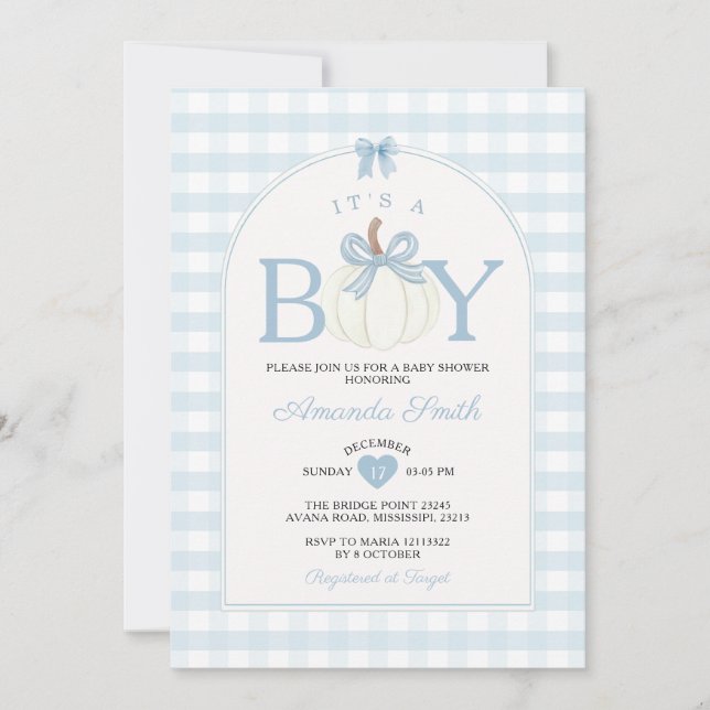 Invitation Bow It's A Boy Pumpkin Baby Shower Blue Gingham (Devant)