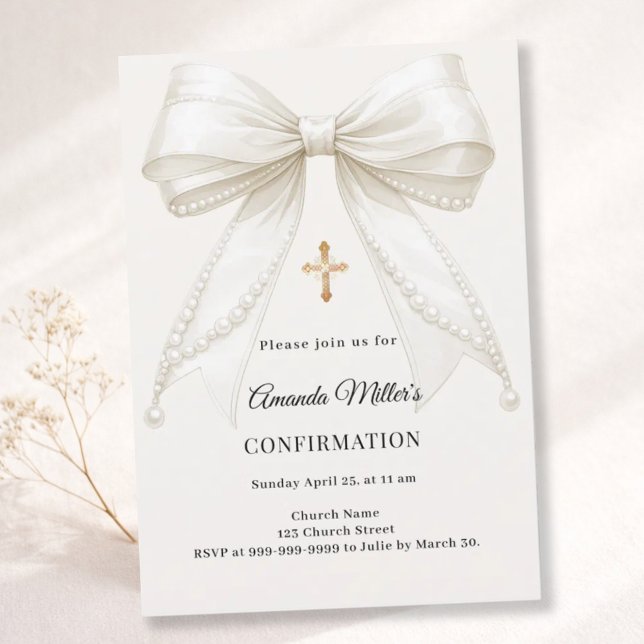 Invitation Bow ivory pearls girl elegant Confirmation (Créateur téléchargé)