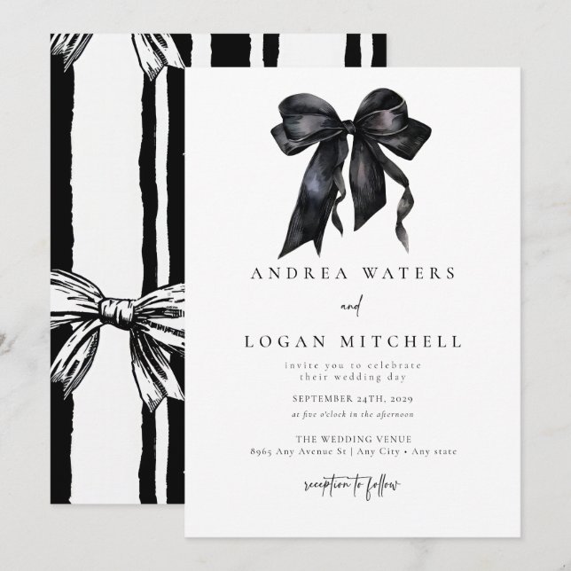 Invitation Bow noir | Coquette | Mariage noir blanc minimal (Devant / Derrière)