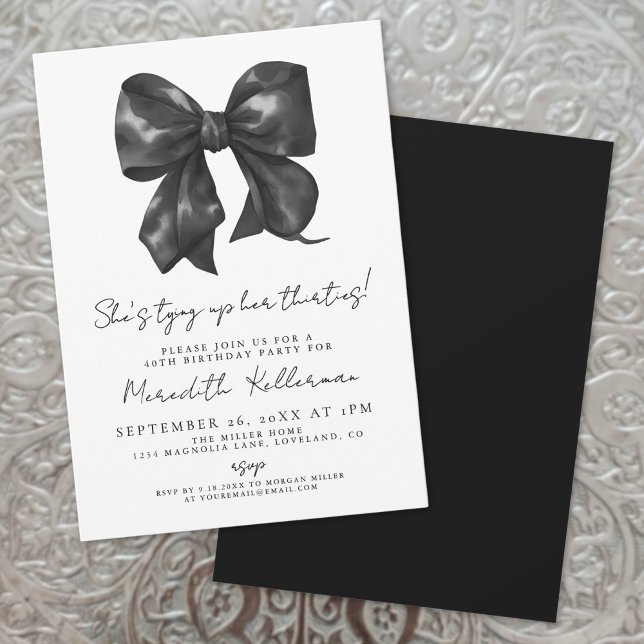 Invitation Bow noir et blanc 40e anniversaire (Hand Drawn Black White Bow Bridal Shower Invitation)