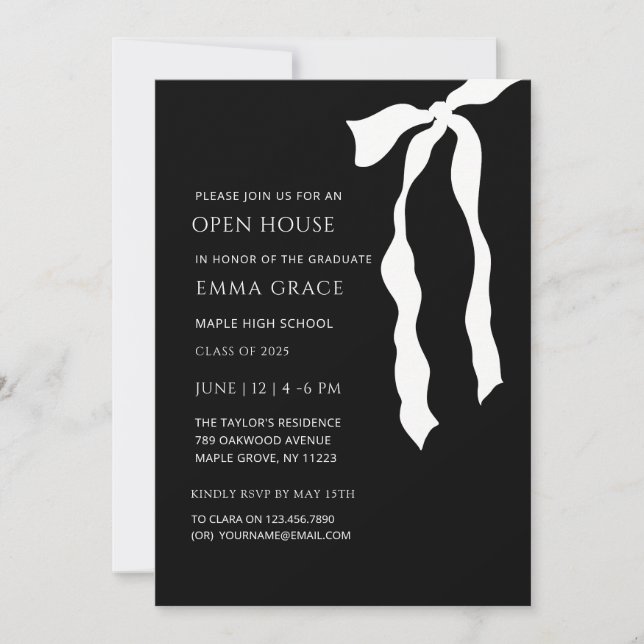 Invitation Bow noir et blanc moderne Open house Graduation (Devant)