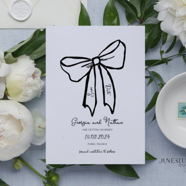 Invitation Bow rétro unique Enregistrer l'invitation de date (vintage inspired bow wedding invitation, hand drawn bow wedding save date card, bow illustrated )