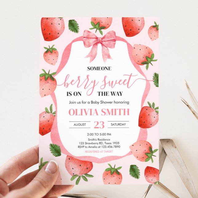 Invitation Bow rose Berry Baby shower sucré (Pink Coquette Strawberry Berry Sweet Birthday Party Invitation)