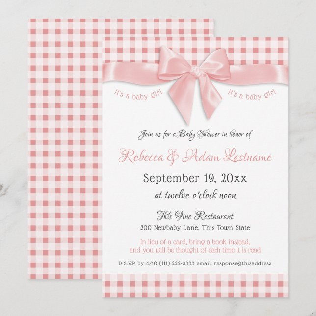 Invitation Bow rose et Baby shower En vichy (Devant / Derrière)
