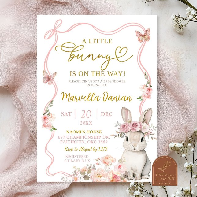 Invitation Bow rose Floral Petit Lapin Baby shower (Créateur téléchargé)