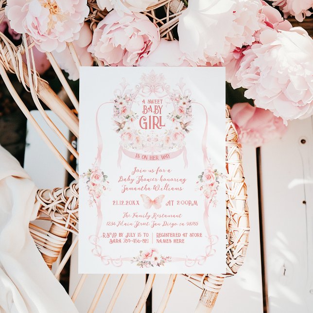Invitation Bow rose pâle et Floral Sweet Baby Girl Douche (Créateur téléchargé)