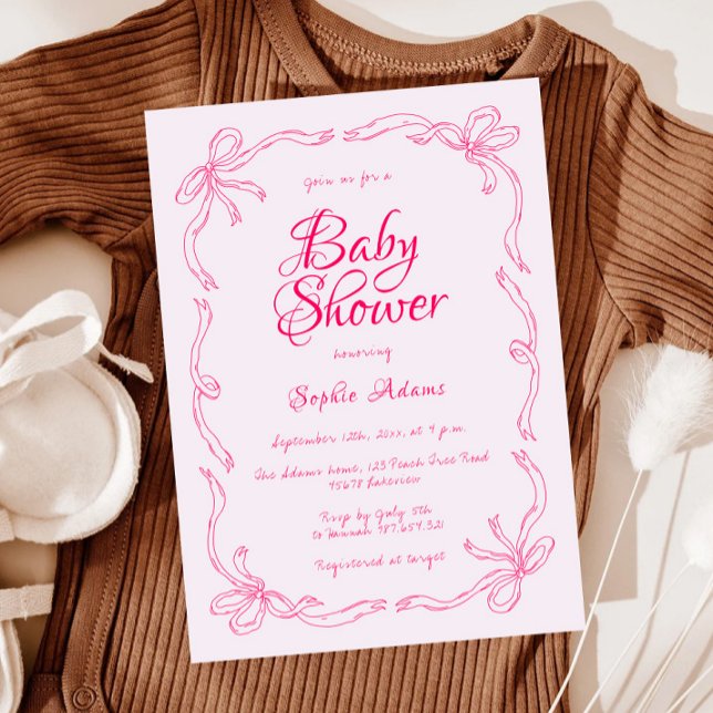 Invitation Bow rose Whimsical Quirky Main tiré Baby shower (Créateur téléchargé)