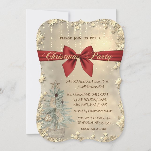 Invitation Bow rouge de Noël, Aquarelle Pine Tree, Etoiles d' (Devant)