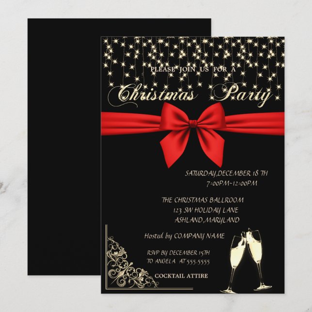Invitation Bow rouge, Verre à vin, Fête de Noël de la société (Devant / Derrière)