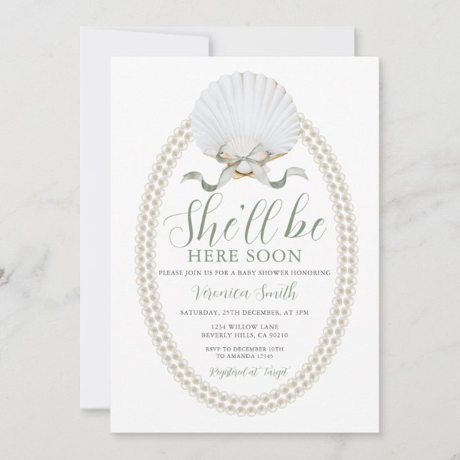 Invitation Bow She'll Be Here Soon Sea Shell Cute Baby Shower (Devant)