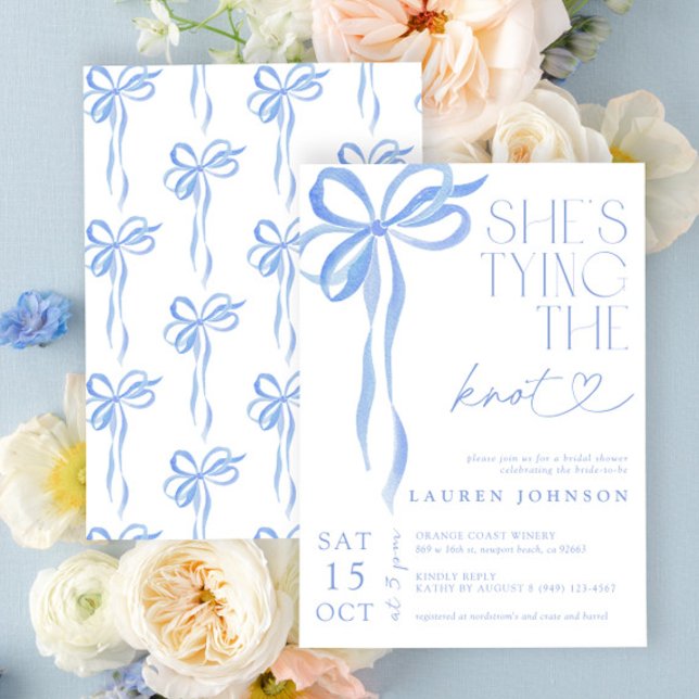 Invitation Bow She's Tying the Knot Blue Bridal Shower (Easily personlize this sweet bridal shower invite for the perfect celebration of the bride-to-be!)