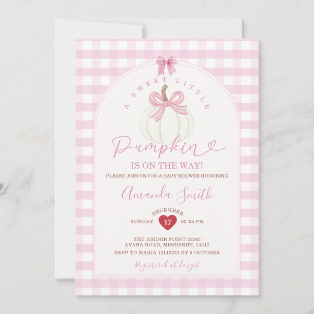 Invitation Bow Sweet Petit Citrouille rose En vichy Baby show (Devant)