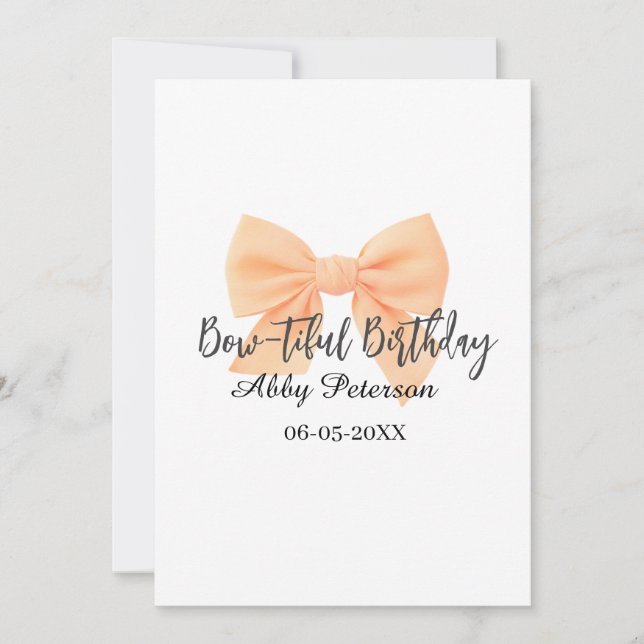 Invitation Bow-tiful birthday orange bow name date simple pas (Devant)