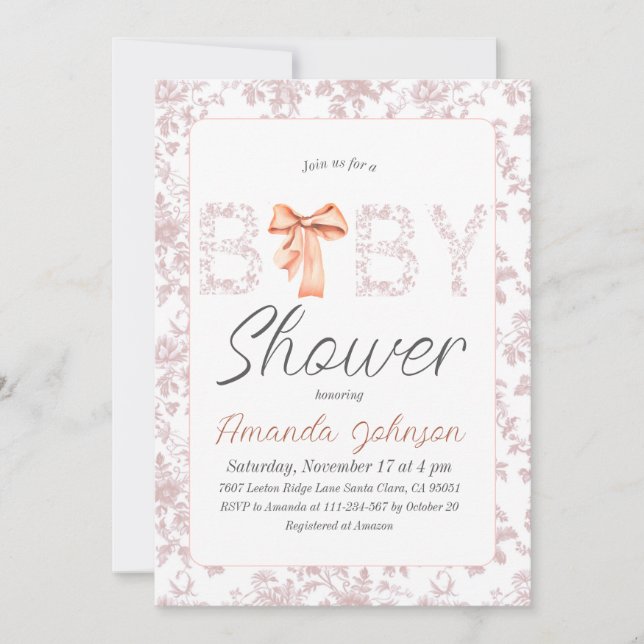 Invitation Bow Toile de Jouy Blush Baby shower Floral rose (Devant)