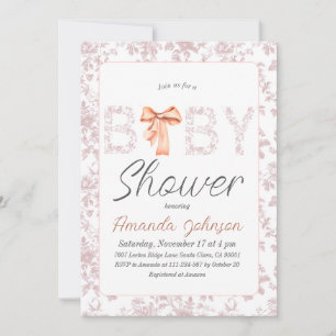 Invitation Bow Toile de Jouy Blush Baby shower Floral rose