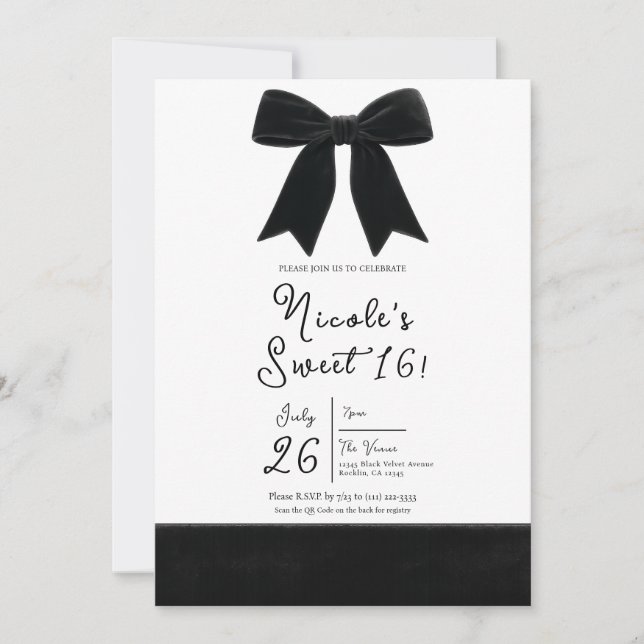 Invitation Bow velours noir Elegant Posh Sweet 16 Photo (Devant)
