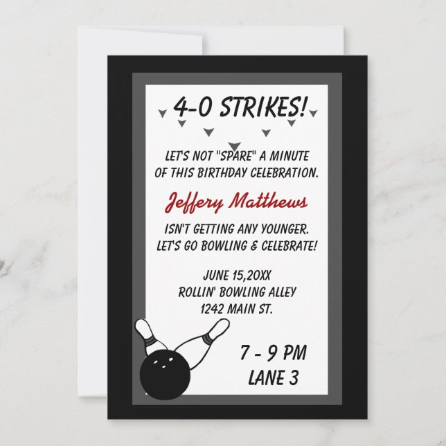 Invitation Bowling Anniversaire Fête Black Grey Age personnal (Devant)