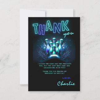 Invitation Bowling Birthday Thank You Card Boys Blue Neon