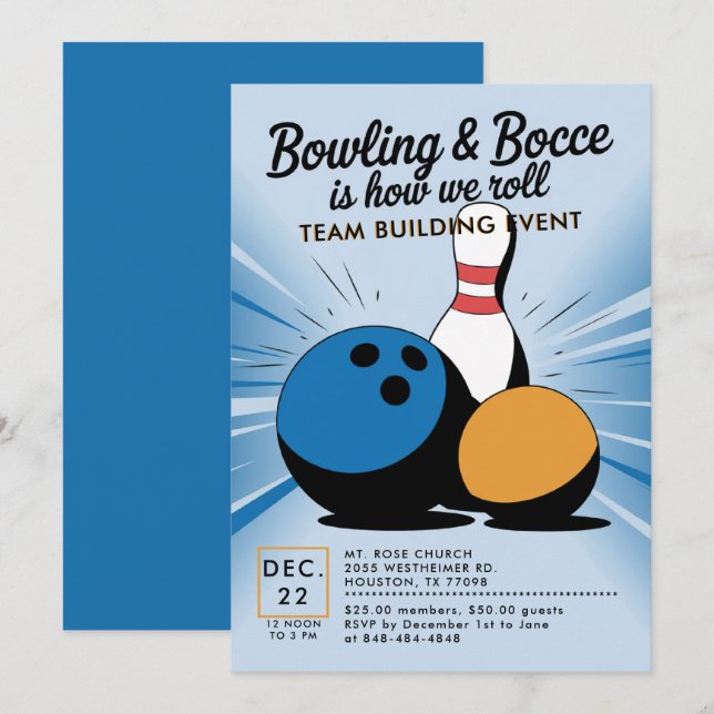 Invitation Bowling Bocce Team Building Church Business Blue (Devant / Derrière)