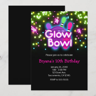 Invitation Bowling Glow Bowl Étoiles Néon Fête d'anniversaire