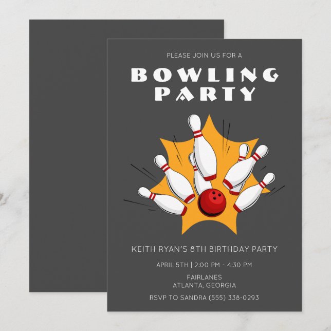 Invitation Bowling Party Grey Boys Anniversaire Fête Invitati (Devant / Derrière)