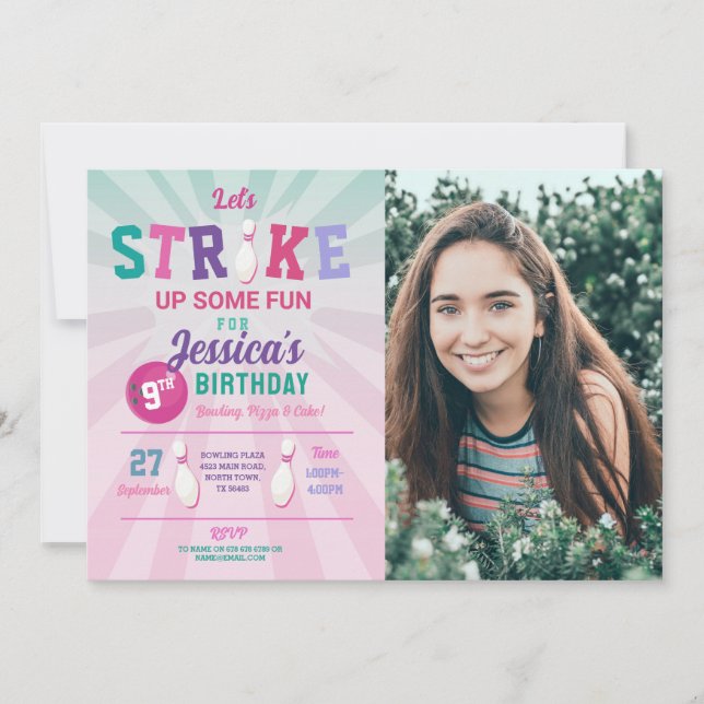 Invitation Bowling Pink Strike Photo Bowl Girl Birthday (Devant)