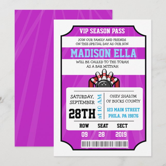 Invitation BOWLING TICKET Bar Bat Mitzvah (Devant / Derrière)
