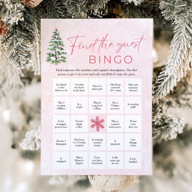 Invitation Bows Noël Trouvez le Baby shower de Bingo invité (Pink Bows Christmas Find the Guest Bingo Baby Shower Game)