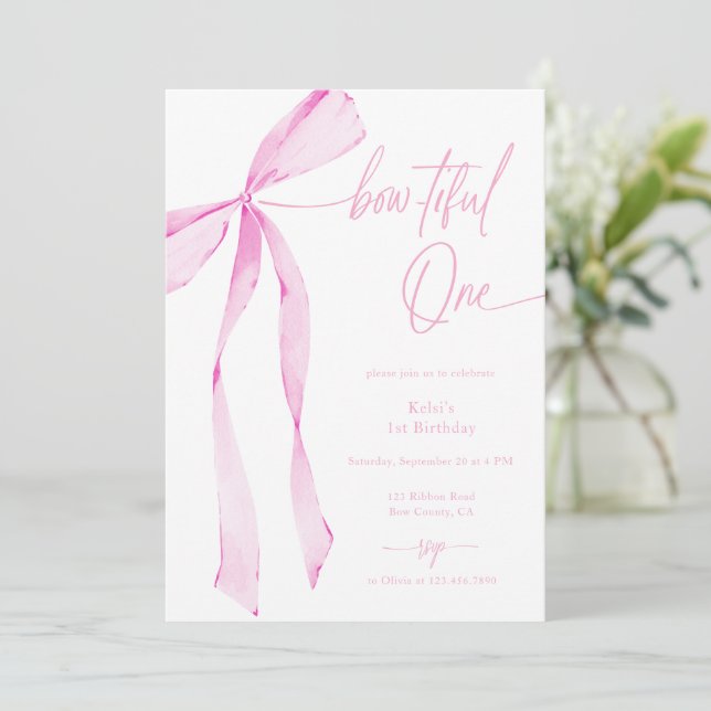 Invitation Bowtiful One Aquarelle Pink 1er Anniversaire (Debout devant)