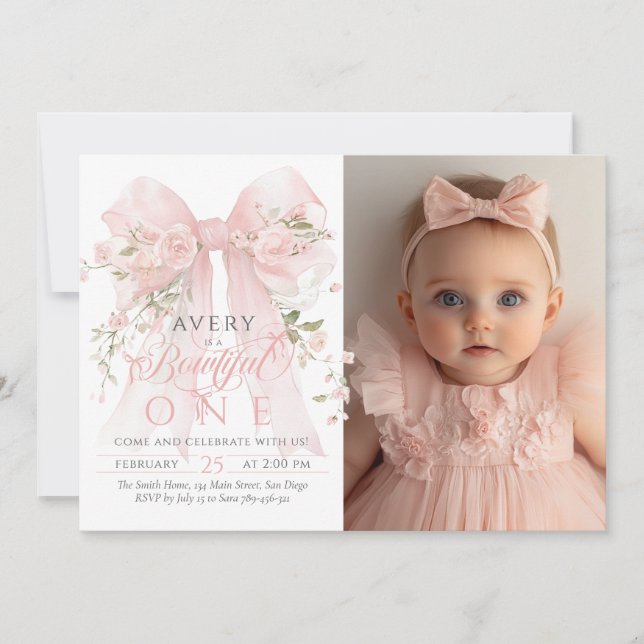 Invitation Bowtiful One Photo 1er Anniversaire Floral Bow Gir (Devant)