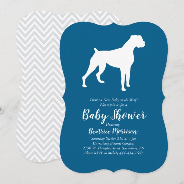 Invitation Boxer Chien Baby shower Blue Boy (Devant / Derrière)