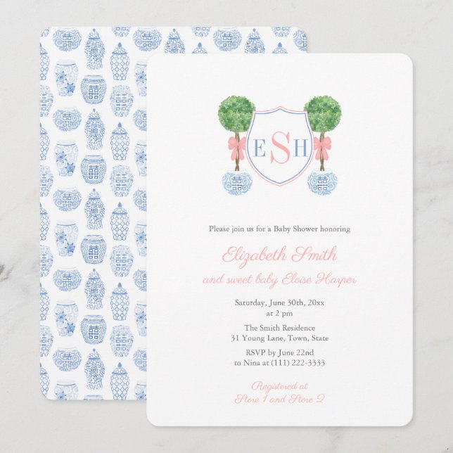 Invitation Boxwood Monogramme Ginger Jar Fille Baby shower Pa (Devant / Derrière)