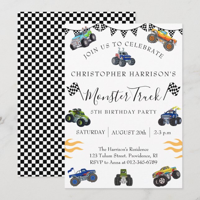 Invitation Boy 5th Birthday Party Monster Truck (Devant / Derrière)