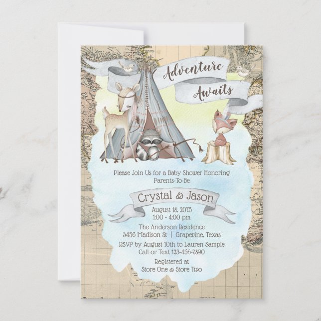 Invitation Boy Adventure Await Travel Map Baby shower (Devant)
