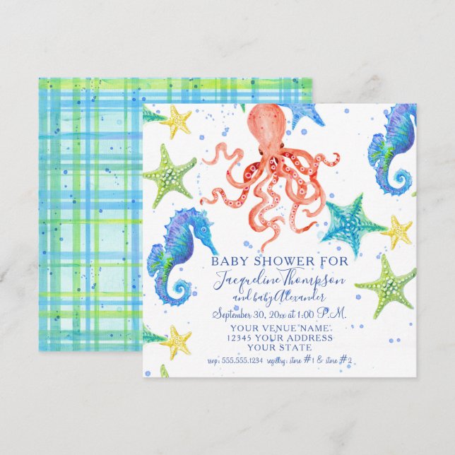 Invitation Boy Baby shower Beach Starfish Octopus Seahorse (Devant / Derrière)