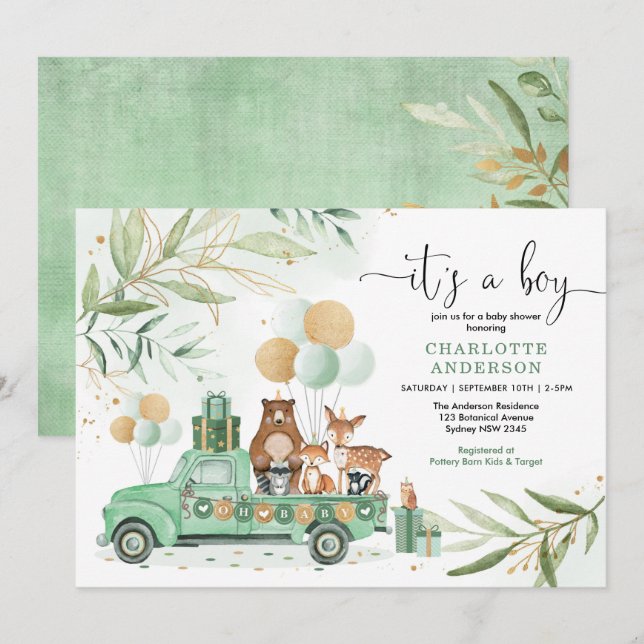 Invitation Boy Baby shower Boy Boy Aquarelle Vert Or (Devant / Derrière)